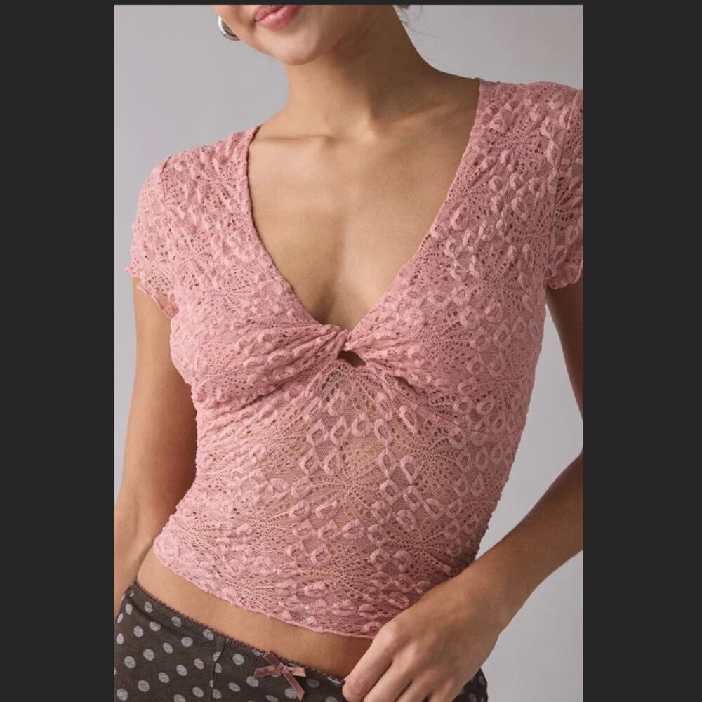 NWT Urban Outfitters Kimchi Blue Sheer Lace Twist-Front Crop Top, Pink, XS